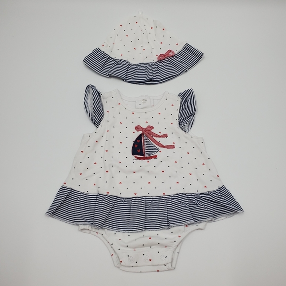 Little Me Other - Little Me Sailboat Polkadot Hearts Onesie Hat Matching Set Ruffles White